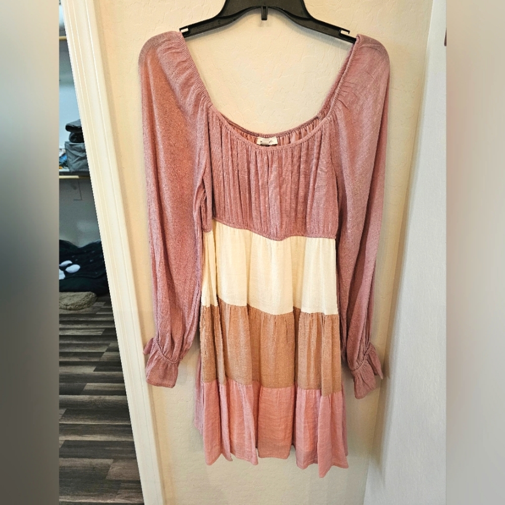 Colorblock Women's Dress - Pink, Cream, Brown